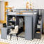 Lit mezzanine de taille double en gris, avec bureau intégré, panneaux de porte pliables pour le vestiaire et rangement élégant pour garde-robe-701703419
