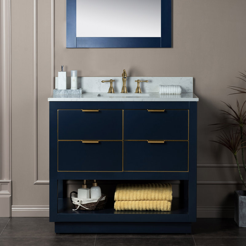 42"x21"x33" Solid Wood Bath Vanities, Navy Blue, Gold