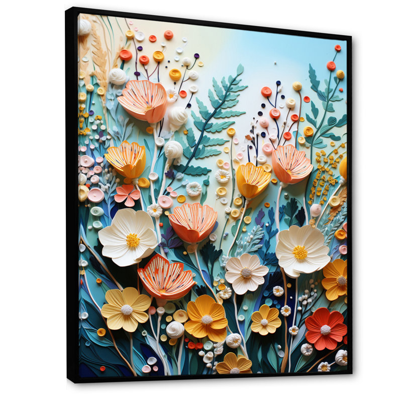 Plants Field Pointillism Dot I - impressions sur toile florales, H 32 po x l 16 po x P 1 po, Cadre flottant noir