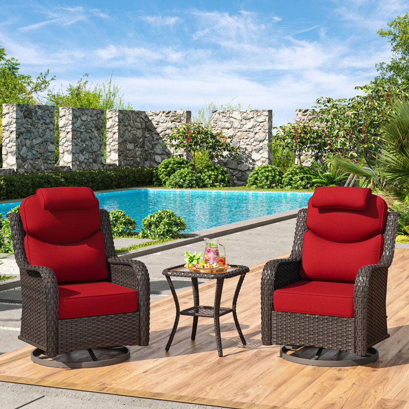 3-Piece Outdoor Patio Conversation Set with Swivel Rocking Chairs & Side Table – Wicker Lounge Furniture, Red