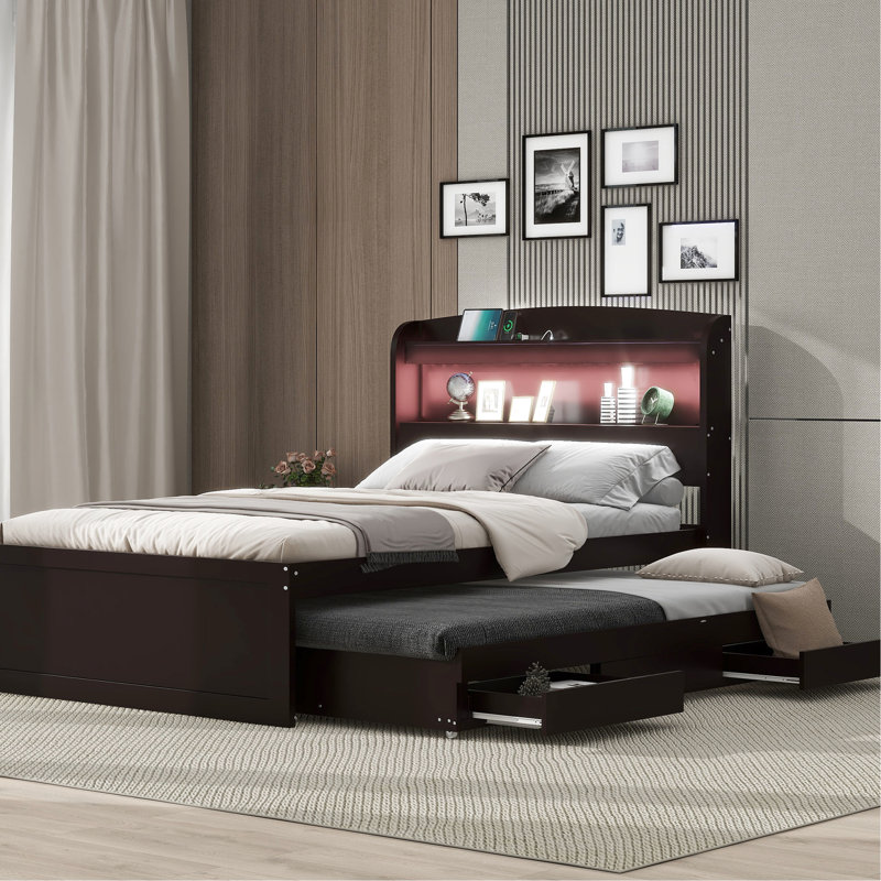 Lit plateforme simple TG avec rangement, 2 tiroirs et lit gigogne, tête de lit à DEL brun foncé, tiroirs, teinte