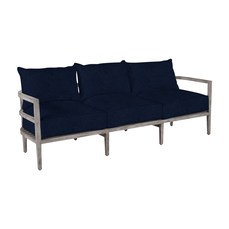 Santa Barbara 87" Wide Outdoor Teak Patio Sofa with Cushions, No Welt, Herringbone Sand, Natural Teak