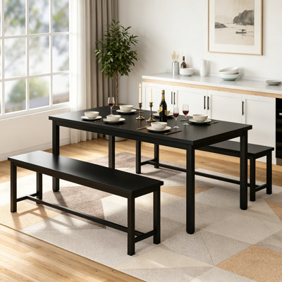3-piece Dining Table With 2 Benches Set, 47.2" Rectangle Kitchen Table Set With Particle Board Table Top And Metal Frame, Space-saving Design Small Dinette Set For 4