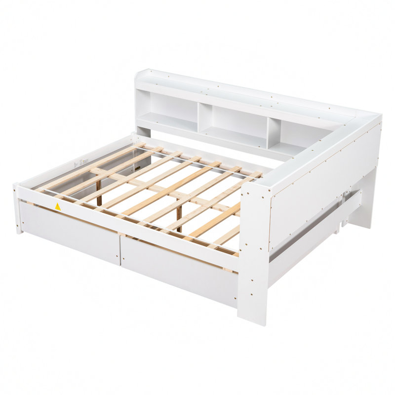 Bed Frame with Built-in L-Shaped Bookshelves & 2 Storage Drawers – Space-Saving Modern Platform Bed, Solid Pine Wood Construction, Minimalist Design