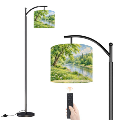 Arc Floor Lamp with Adjustable Lampshade Flowers Summer Landscape Standing Lamp 3 Color Temperatures Dimmable Tall Pole Lamp with Foot Switch for Bedroom