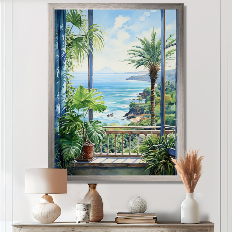 «Tropical Windows To The Beach II - Coastal Windows», art mural, Cadre simple argenté, H 20 po x l 12 po x P 1 po