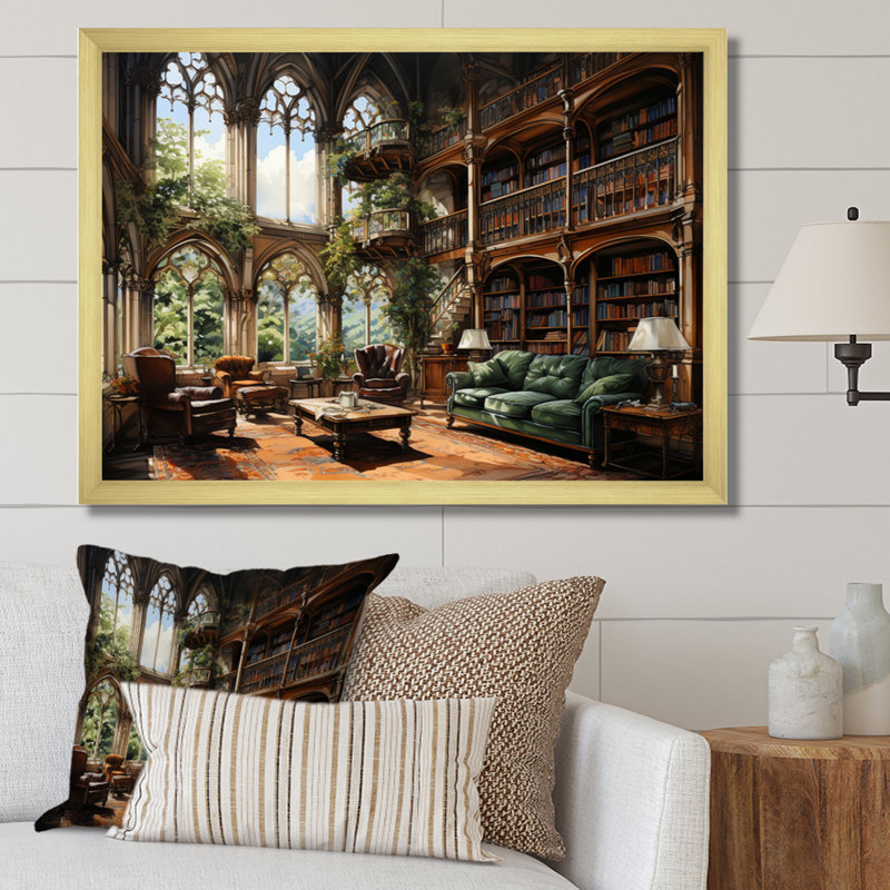 Art contemporain, bibliothèques, Haven I, Cadre doré simple, H 30 po x l 40 po x P 1,5 po