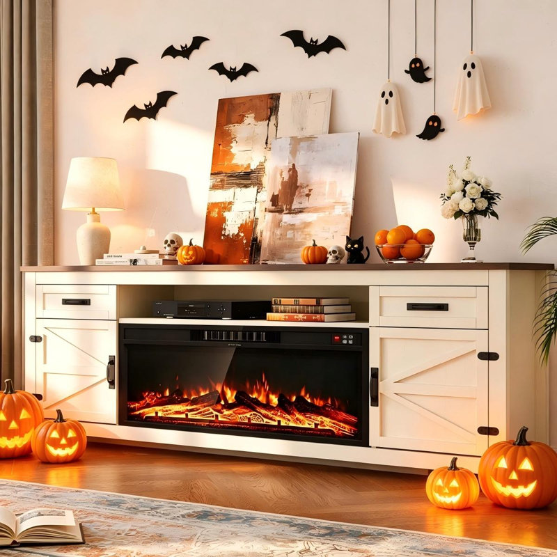 70"W Farmhouse Fireplace Tv Stand With 36" Electric Fireplace, Wood Entertainment Center for TVs up to 80", TV Console Table with Drawers & Cabinets,White