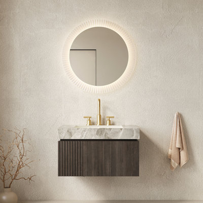 30" Bathroom Vanity&Sink, Floating Plywood Storage Cabinet With Drawer&Door, Sintered Stone Top&Ceramic Basin With 3 Pre-Drilled Faucet Holes, Pre-Assembled