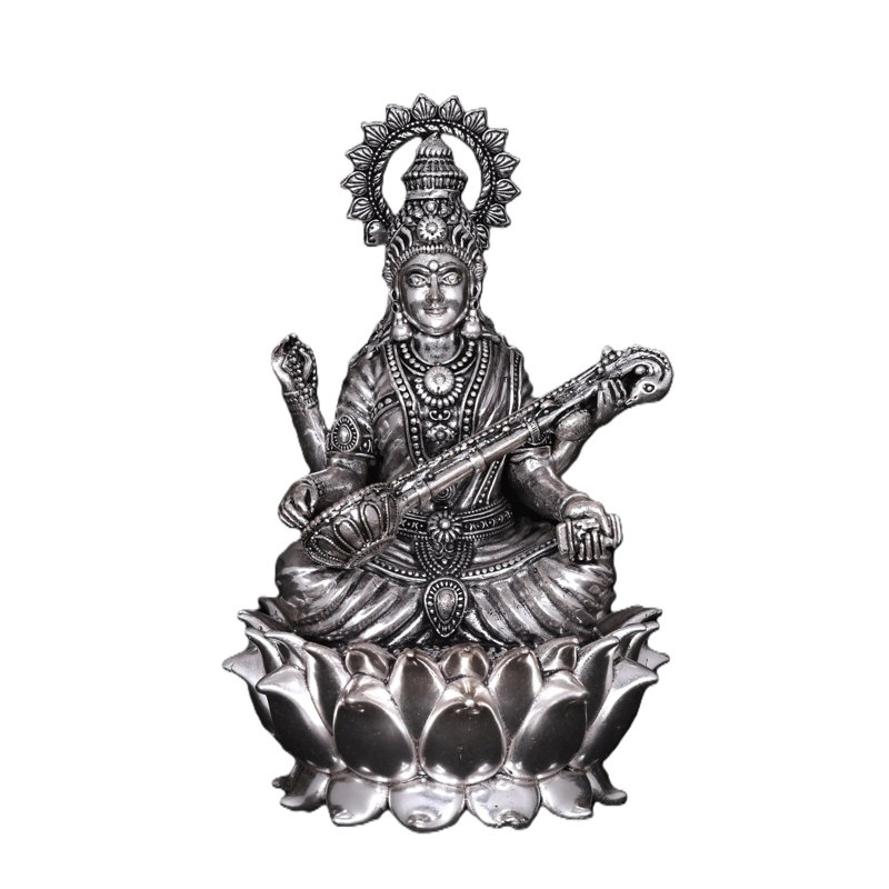 6 petits superbes Devi Saraswati assis sur une statue en laiton plaqué argent Lotus