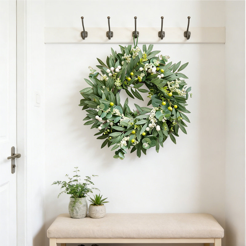 Couronnes pour porte d'entrée avec baies blanches - Couronne de printemps, d'été et d'hiver réaliste pour porche de ferme, fenêtre, décoration de porte