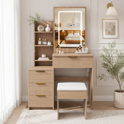 Modern Vanity Desk with LED Lighting, Power Outlet, and 4 Drawers