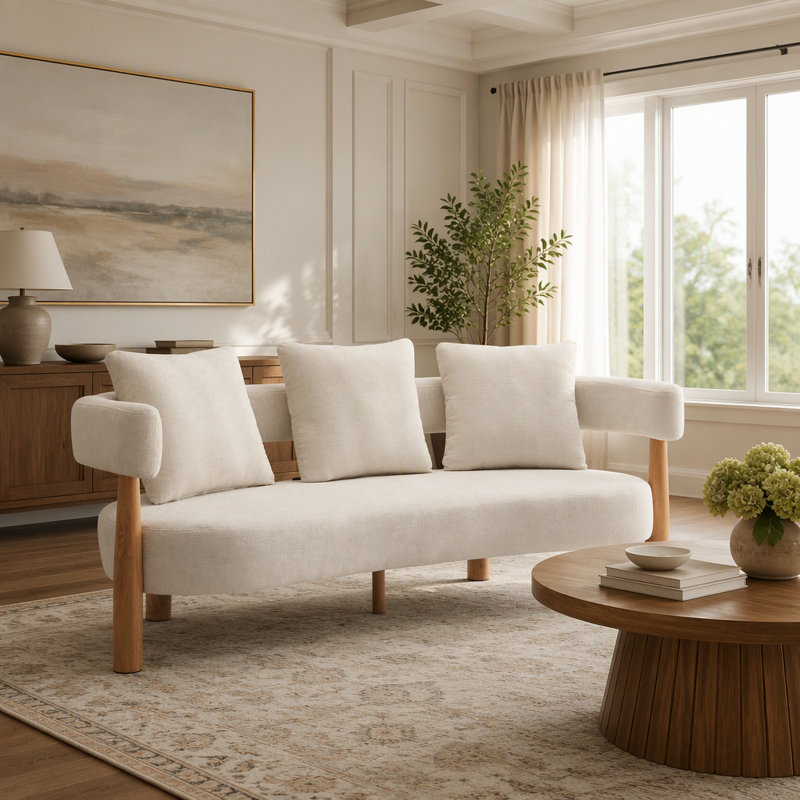 Canapé trois places incurvé moderne en chenille rembourrée avec coussins en mousse durable et système de soutien robuste aux pieds