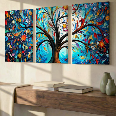 3 Pieces Exculisive Colorful Whimsical Tree of Life Large Wall Art Vibrant Panorama, Modern Canvas Decor for Living Room, Bedroom, Office and Home