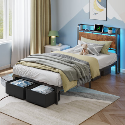 Twin Bed Frame with Open Storage Headboard, 2 Fabric Drawers, Adjustable LED Lights & Charging Station, No Box Spring Required