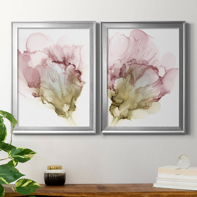 «Flowering Pink I», ensemble de 2 impressions sur toile encadrées, H 42,5 po x l 30,5 po x P 1,25 po, Cadre argenté