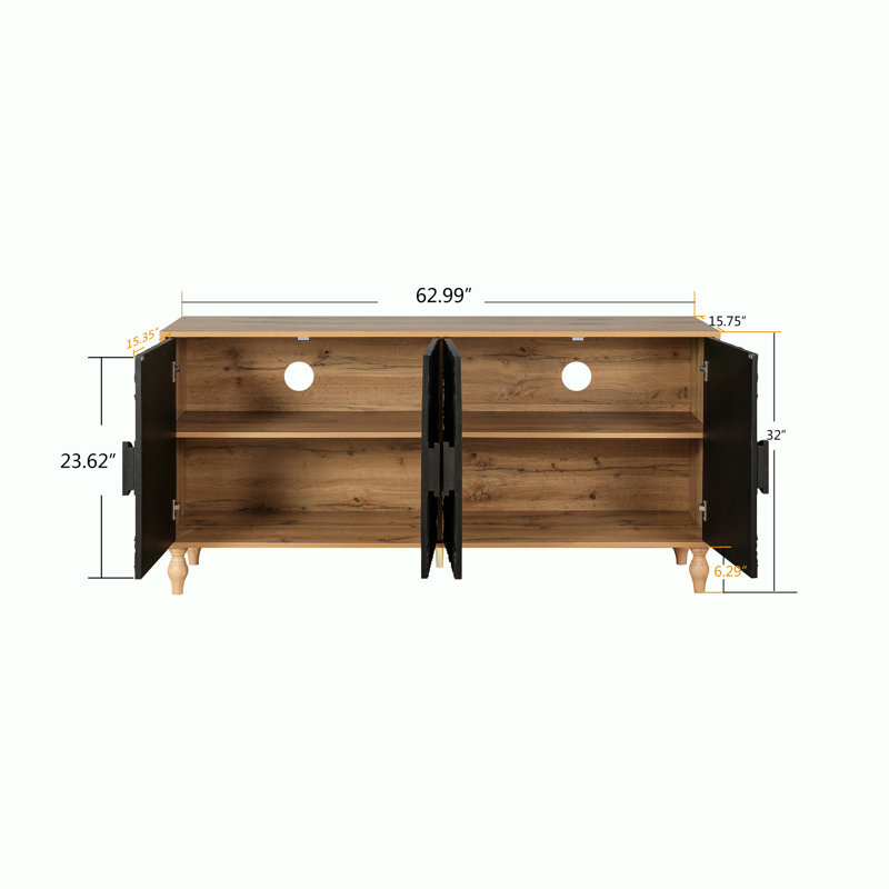 62.99"Long Farmhouse Storage Wood Console Table with 4 Door,Adjustable Shelf, Natural/Black