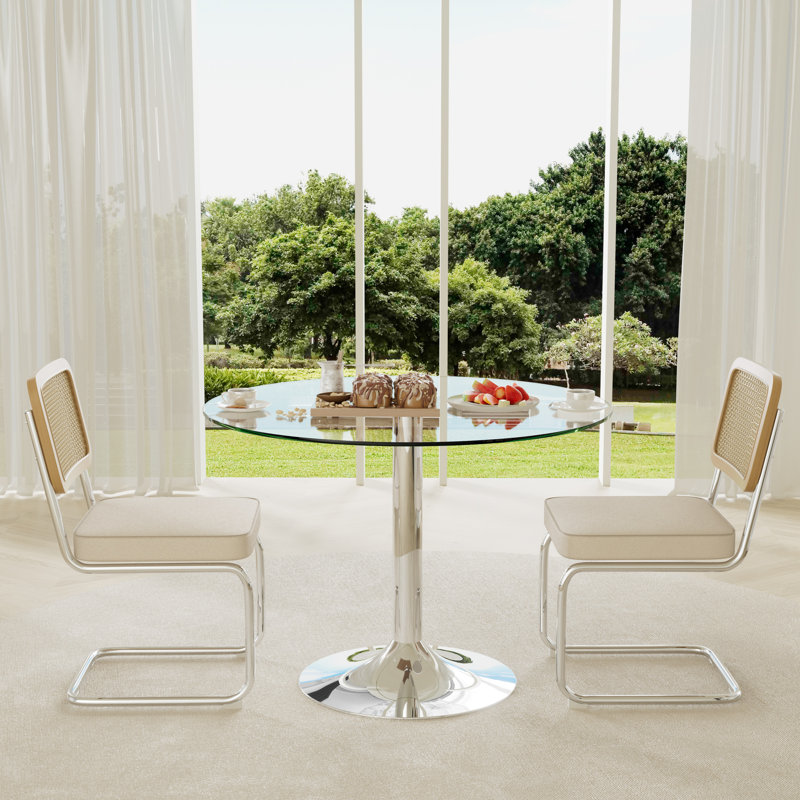 3-Piece Round Glass Dining Table Set, Beige, 29.5" H x 39.7" L x 39.7" W