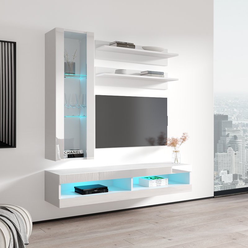 Meuble audio-vidéo mural flottant moderne de 63 po avec éclairage à DEL 16 couleurs Lieb, Blanc