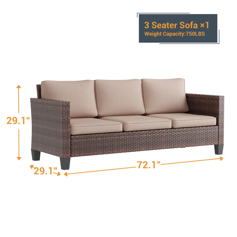 3 Seater Patio Sofa Wicker Outdoor Patio Sofa & All-Weather Rattan, Sand, Brown