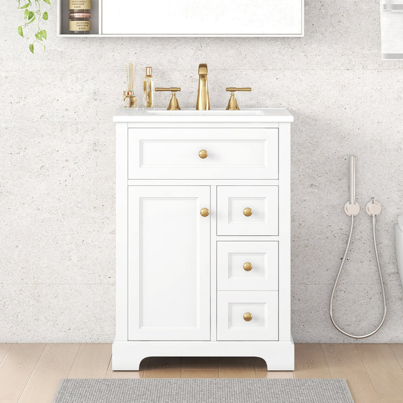 Meuble-lavabo de salle de bain avec lavabo, 3 tiroirs et armoire avec support de rangement à 2 niveaux, Blanc