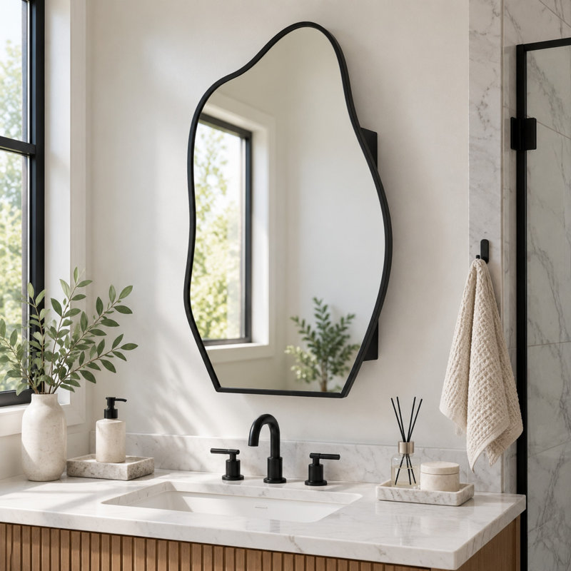 Armoire de toilette en forme de nuage avec miroir, étagères en verre ajustables et cadre en métal, Matte Black