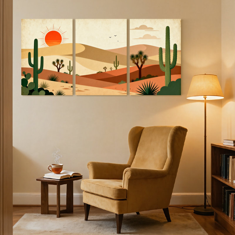 «Landscape & Nature Desert Landscape with Cactus and Sunset», ensemble de 3 impressions sur toile, H 18 po x l 36 po