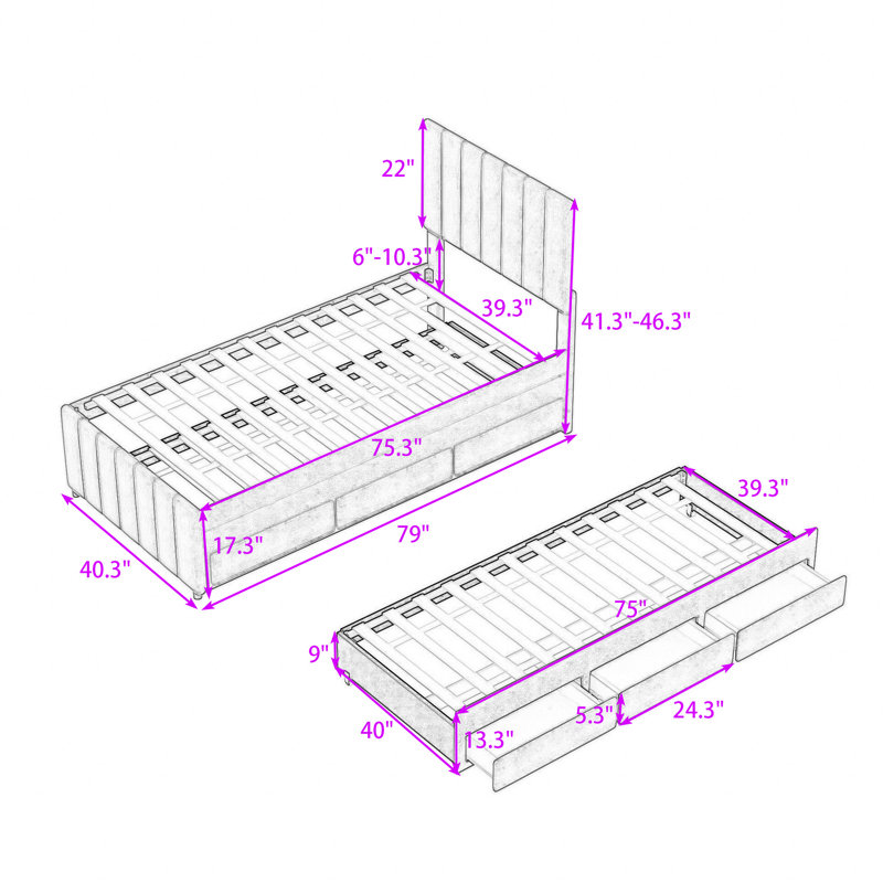 Upholstered Platform Bed with Trundle and 3 Drawers, Gray, Twin