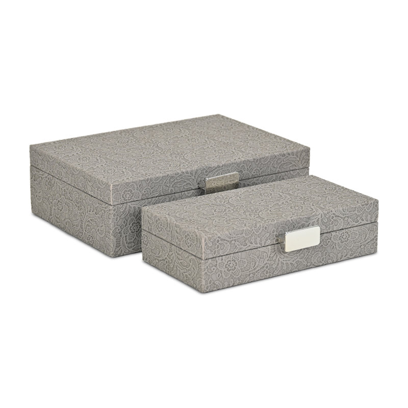 Vyrna Doily Pattern Set of 2 Storage Boxes with Silver Handles, Grey