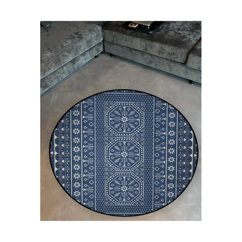 Navy Blue And White Ethnic Patterned Woven Base Modern Decorative Carpet, Round 2'8"