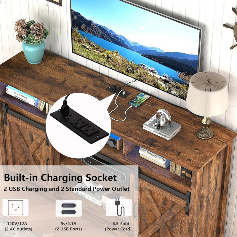 Meuble télé 57 pouces en bois pour téléviseur 60/65 pouces, meuble télé avec rangement double couche, douilles à double rangée avec porte de grange coulissante en bois