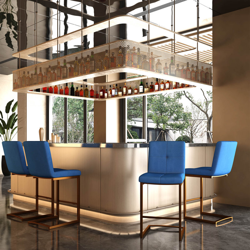 Kubic Brass Stainless Steel Upholstered Velvet Seat Counter Height Barstool, Blue