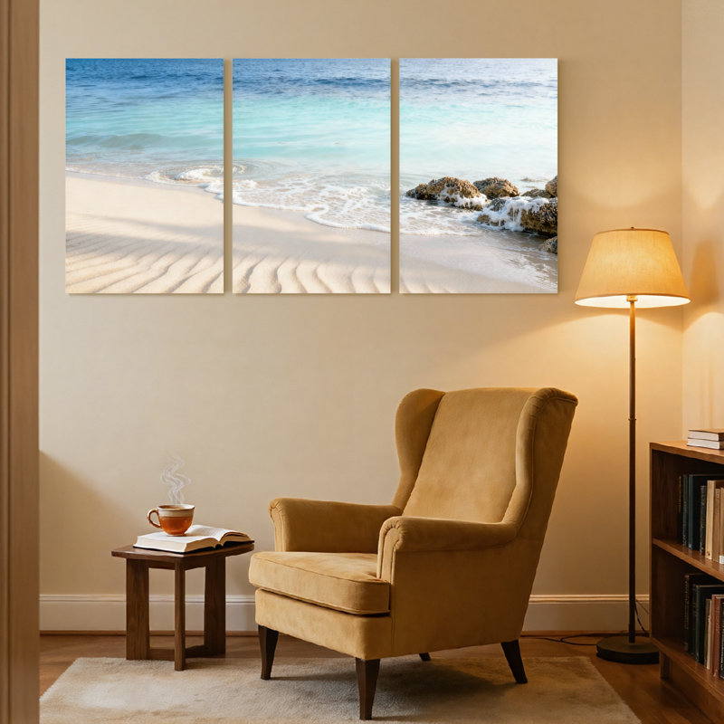 Plage, plage, vagues, sable, roches, océan, ciel, horizon, calme, ensemble de 3 impressions sur toile, H 18 po x l 36 po