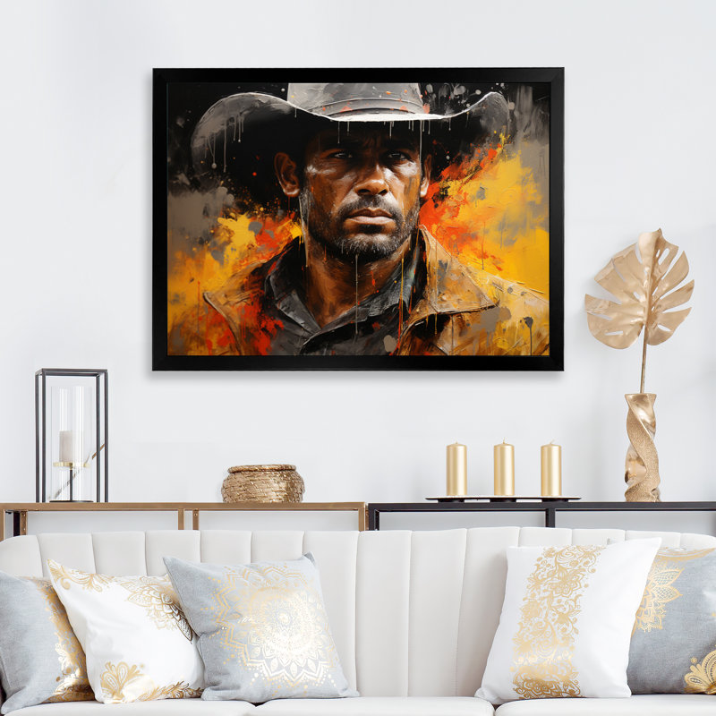 Western Cowboy Pointillism Portrait II - reproduction sur toile, 16" H x 32" W, Gold Picture Framed