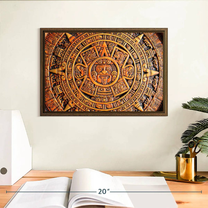 Calendrier aztèque, 13 po x 9 po, Cadre flottant noyer