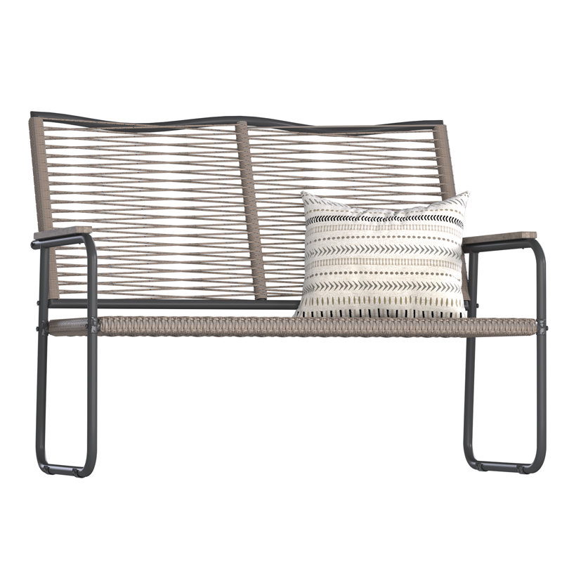 All-weather Woven Rope Patio Sofa With Metal Frame & Wooden Armrests