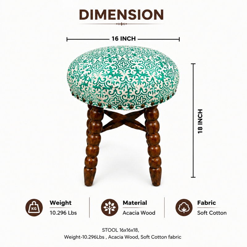 Tabouret de bar rembourré avec structure en bois d'acacia massif, Green Damask, Short Stool (18” Seat Height)