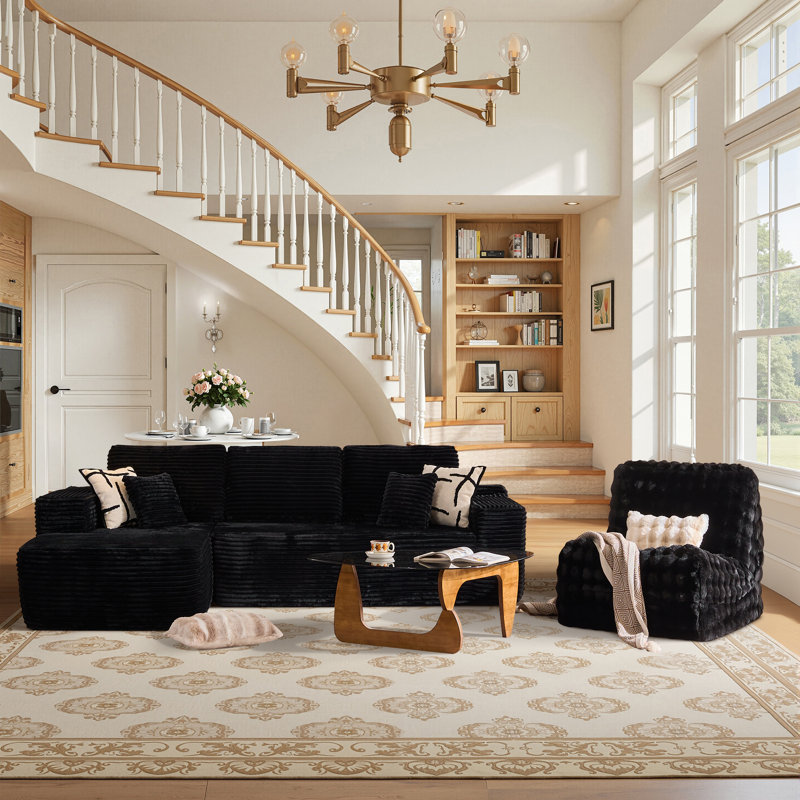 Ensemble de salon modulaire sans assemblage en L 3 pièces avec méridienne et fauteuil à billes sans accoudoirs Hogle, Noir