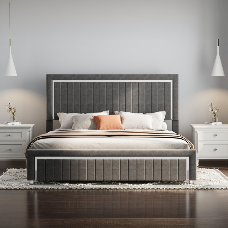 Deovion LED Upholstered 4-Drawer Platform Bed, Gray, Queen