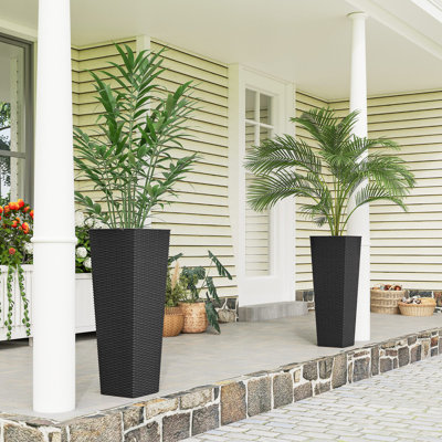 32.3 Inch Tall Planters for Outdoor Plants, Set of 2 Plastic Rattan-Like Flower Pots with Drainage Holes, Stackable Tapered Planters for Indoor Plants, Front Porch, Black