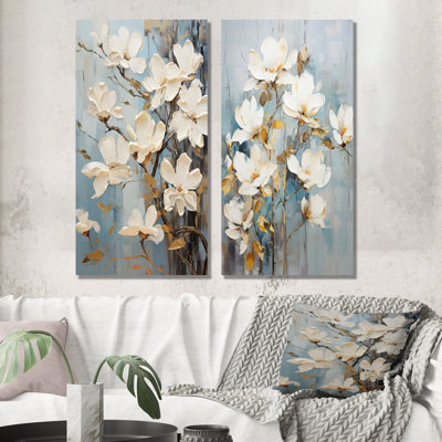Beige And Gold Magnolias Beauty Blossums - Magnolias Metal Art Print Set Of 2
