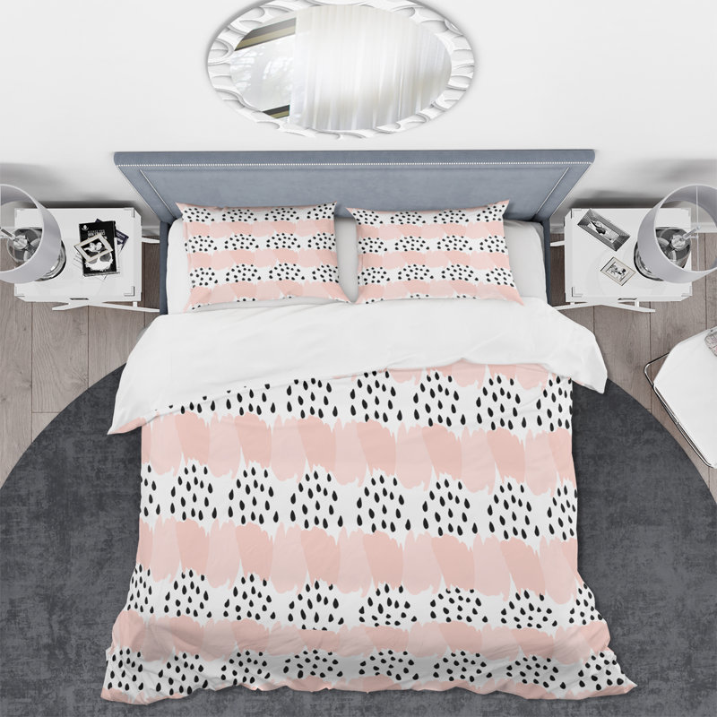 Ensemble de housse de couette Mid-Century rose à pois noirs I - Mid-Century
