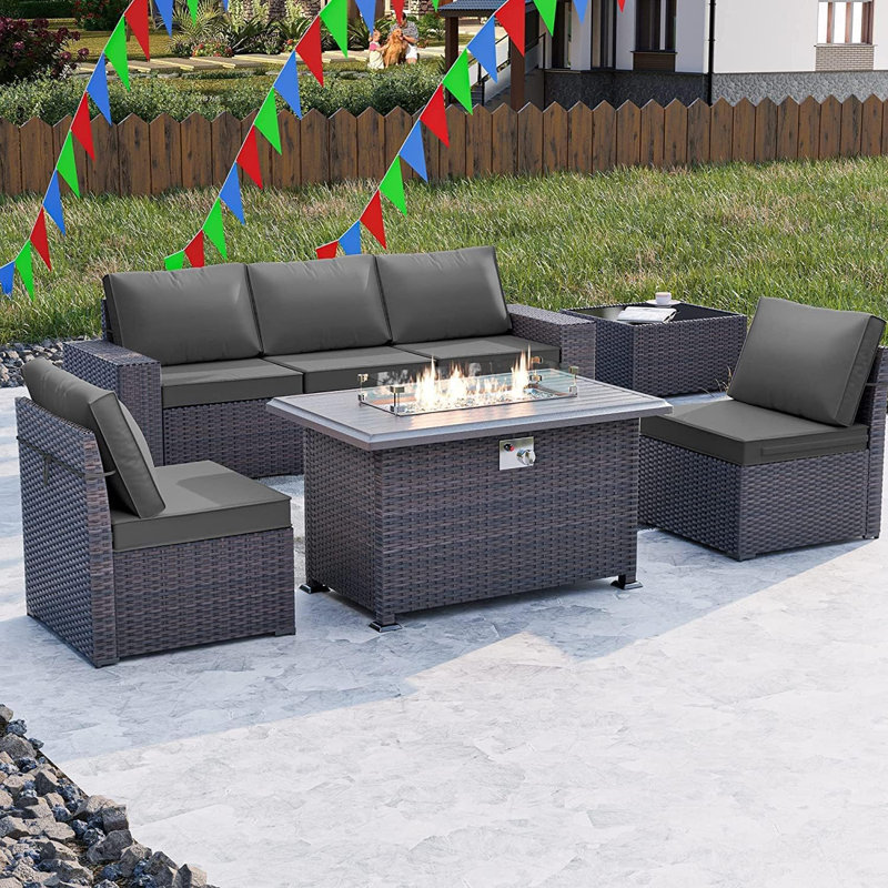 7-Piece Wicker Patio Conversation Set With Cushions,Coffee Table And Outdoor Fire Pit Table With Aluminum Top, PE Rattan Base, And  White Glass Wind Guard