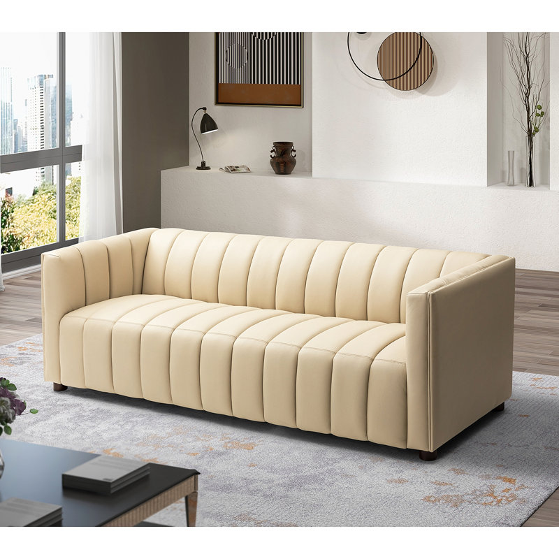 Dareau 83" Genuine Leather Channel Tufted Sofa, White