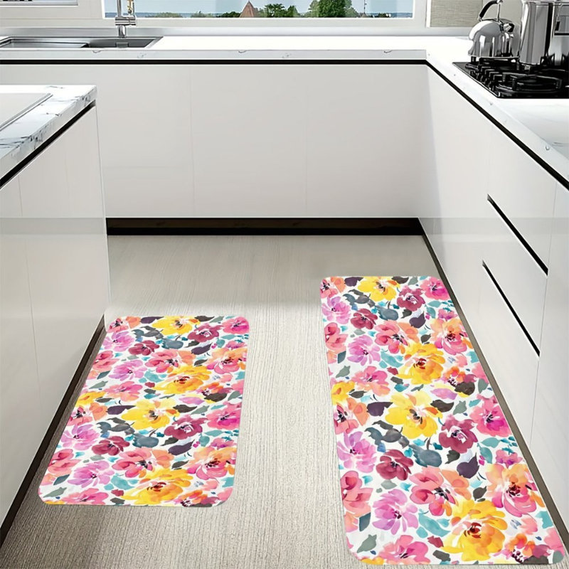 Ensemble de 2 tapis de cuisine à motif floral aquarelle multicolore