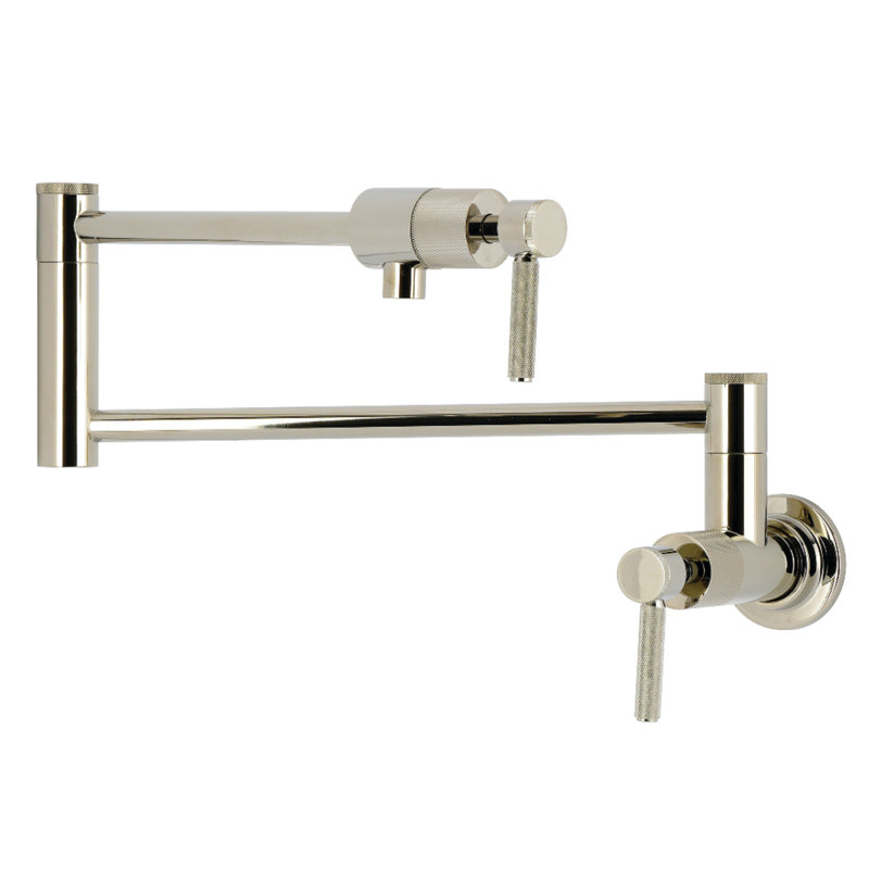 Kingston Brass Convergent Two-Handle 1-Hole Wall Mount Pot Filler Faucet With Knurled Handle, Polished Nickel