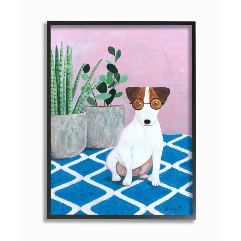 «Dog with Plants Pink Blue Pet» par Sally B - reproduction d'art, H 30 po x l 24 po x P 1,5 po, Giclée encadrée noir minuit