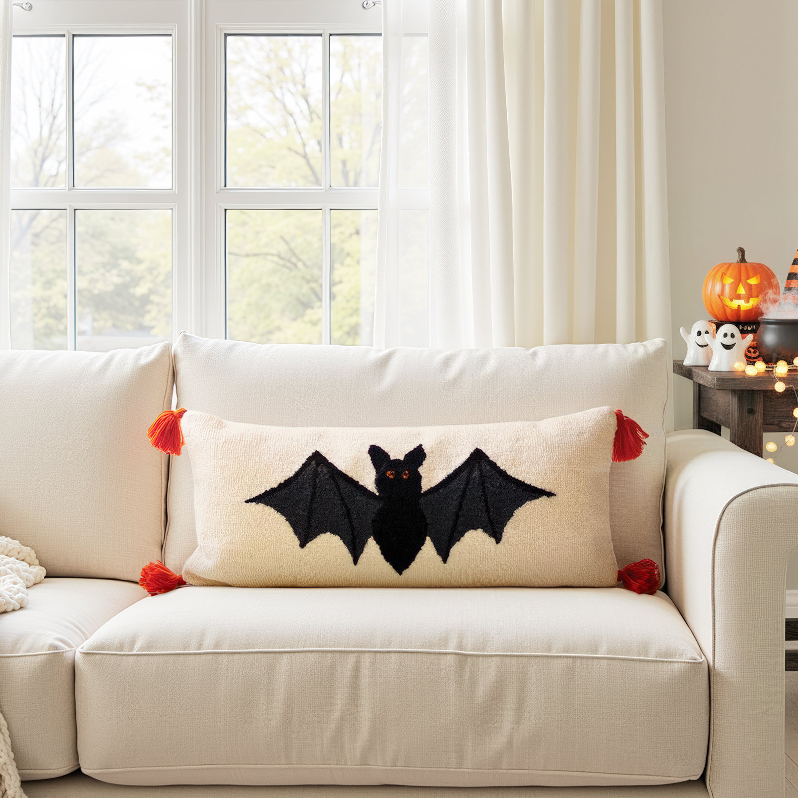 32" x 14" Hand-Hooked Bat Throw Pillow