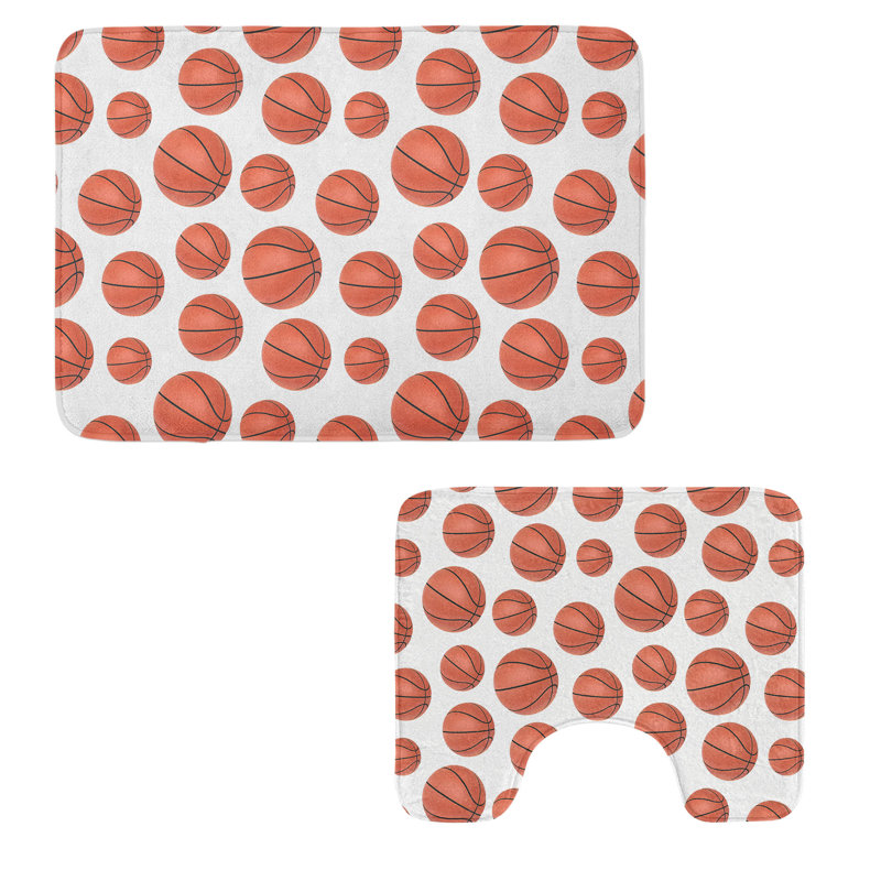  Basketball Bathroom Rug Set 2 Pieces Rectangle & Contour Mats Pale Cinnamon White