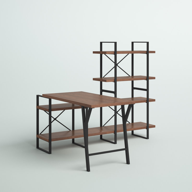 Walnut Wood L-Shaped Writing Desk with Shelves